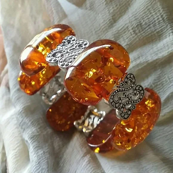 Bracelet Resin Amber Honey Cognac Tone Silver Stretchy Lithuanian Ethnic - Picture 6 of 13
